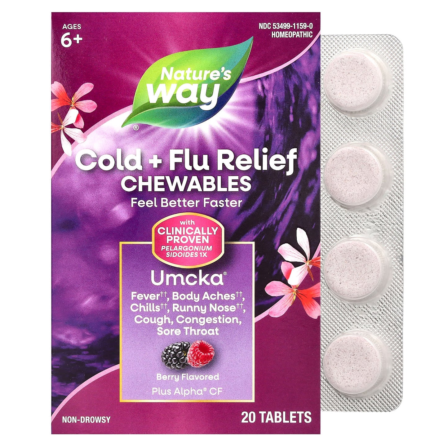 Chewable Nature's Way Umcka Cold+Flu supplement in berry flavor, featuring colorful chewable tablets for immune support.