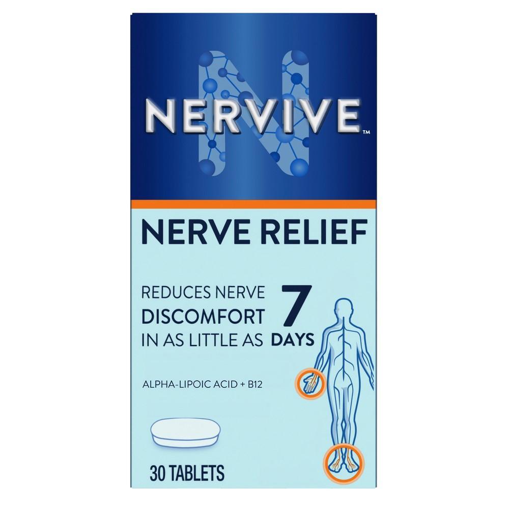 Nervive Nerve Relief vitamins with alpha lipoic acid and turmeric in a blister pack of 30 tablets, dietary supplement for nerve health.