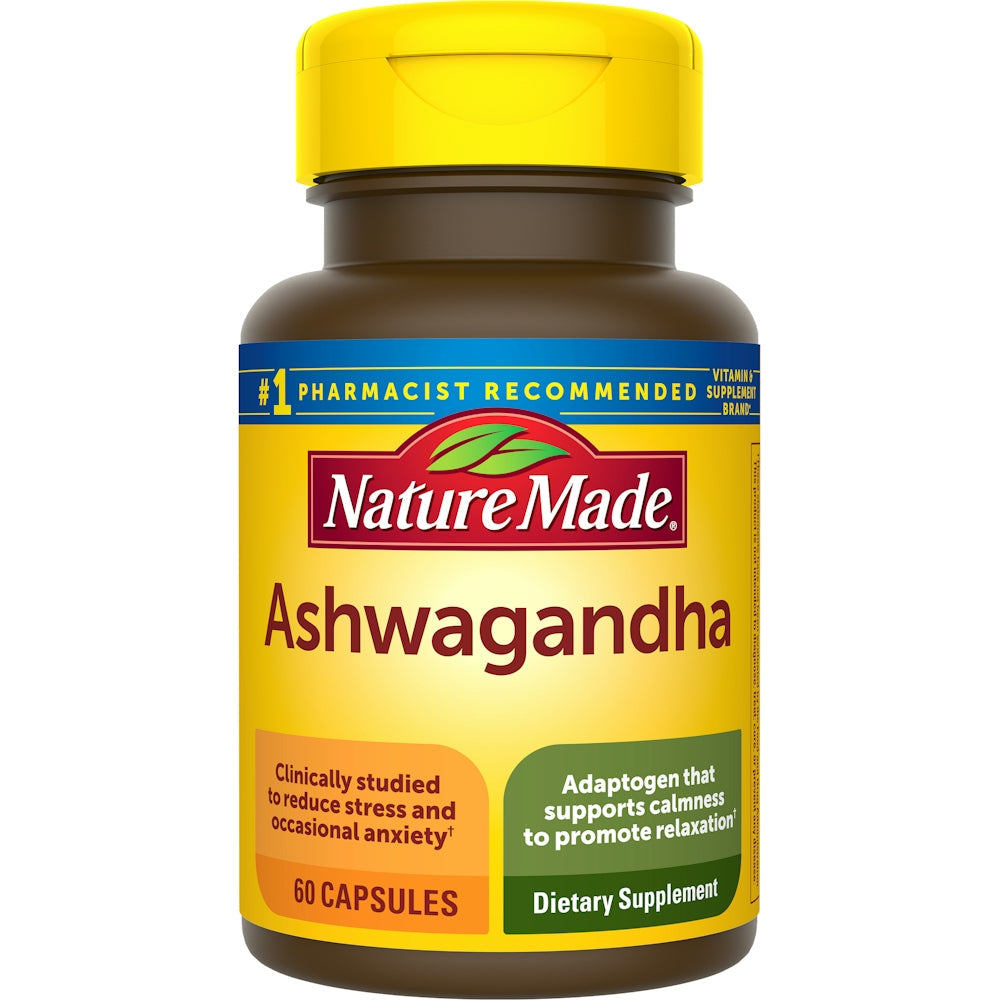 Bottle of NM Ashwagandha CP supplements by Pasteur Pharmacy, featuring 60 capsules for natural stress support and overall wellness.