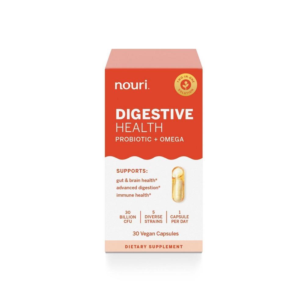 Nouri Digestive Health probiotic and omega capsules in a bottle, dietary supplements for digestive support, 30 count.
