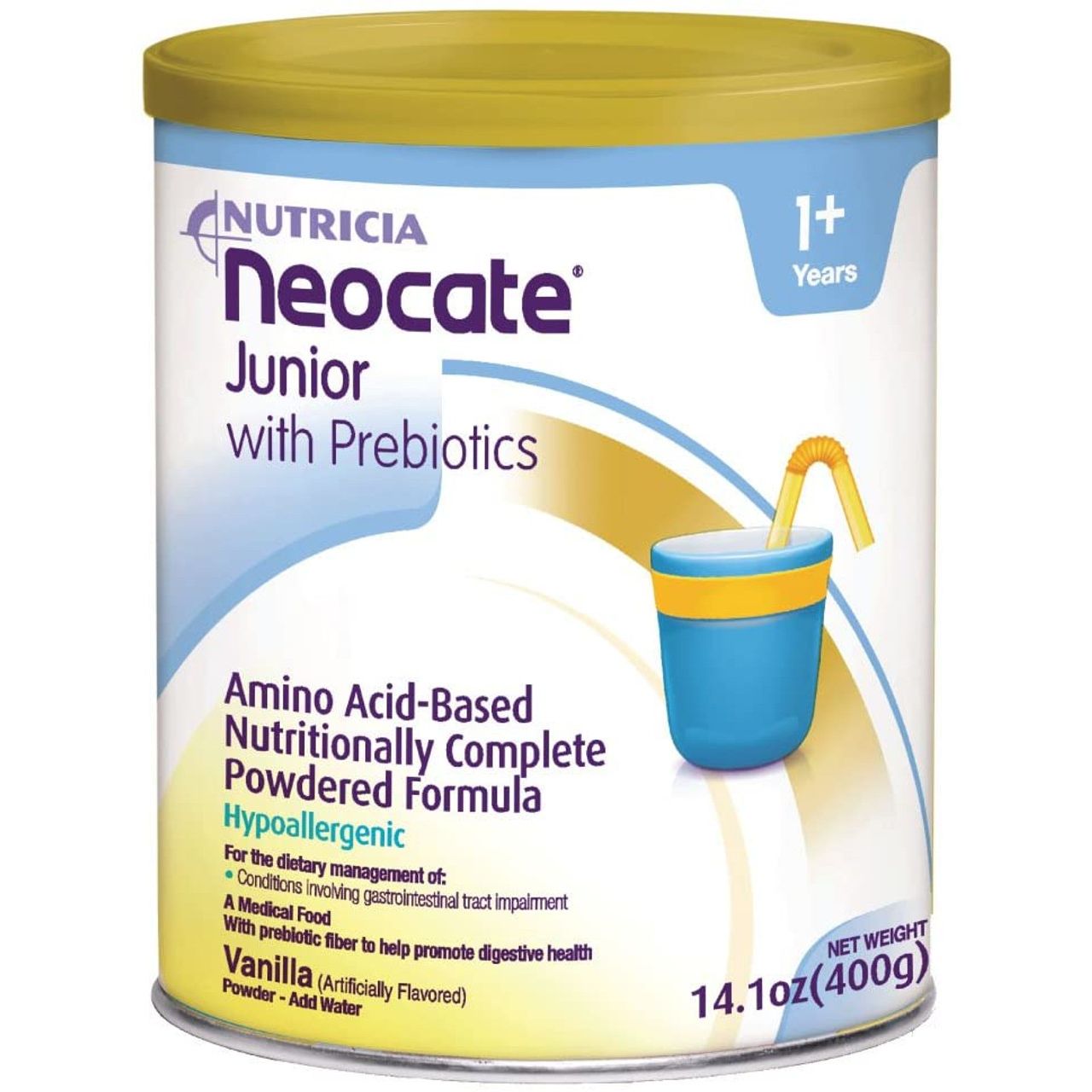 Nutricia Neocate Junior with Prebiotics vanilla flavored nutritional supplement in 14.1 oz bottle, designed for children with special dietary needs.