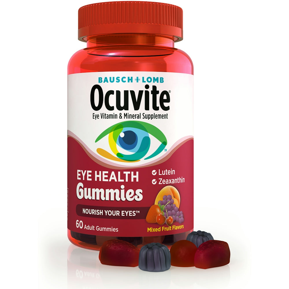 Ocuvite Adult Eye Health Gummies by Pasteur Pharmacy in mixed fruit flavors, containing lutein and zeaxanthin, 60 count.