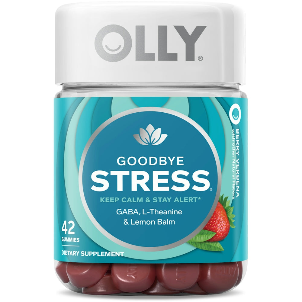 Olly Berry Verbena Goodbye Stress vitamins and supplements in a bottle of 42 gummies from Pasteur Pharmacy.
