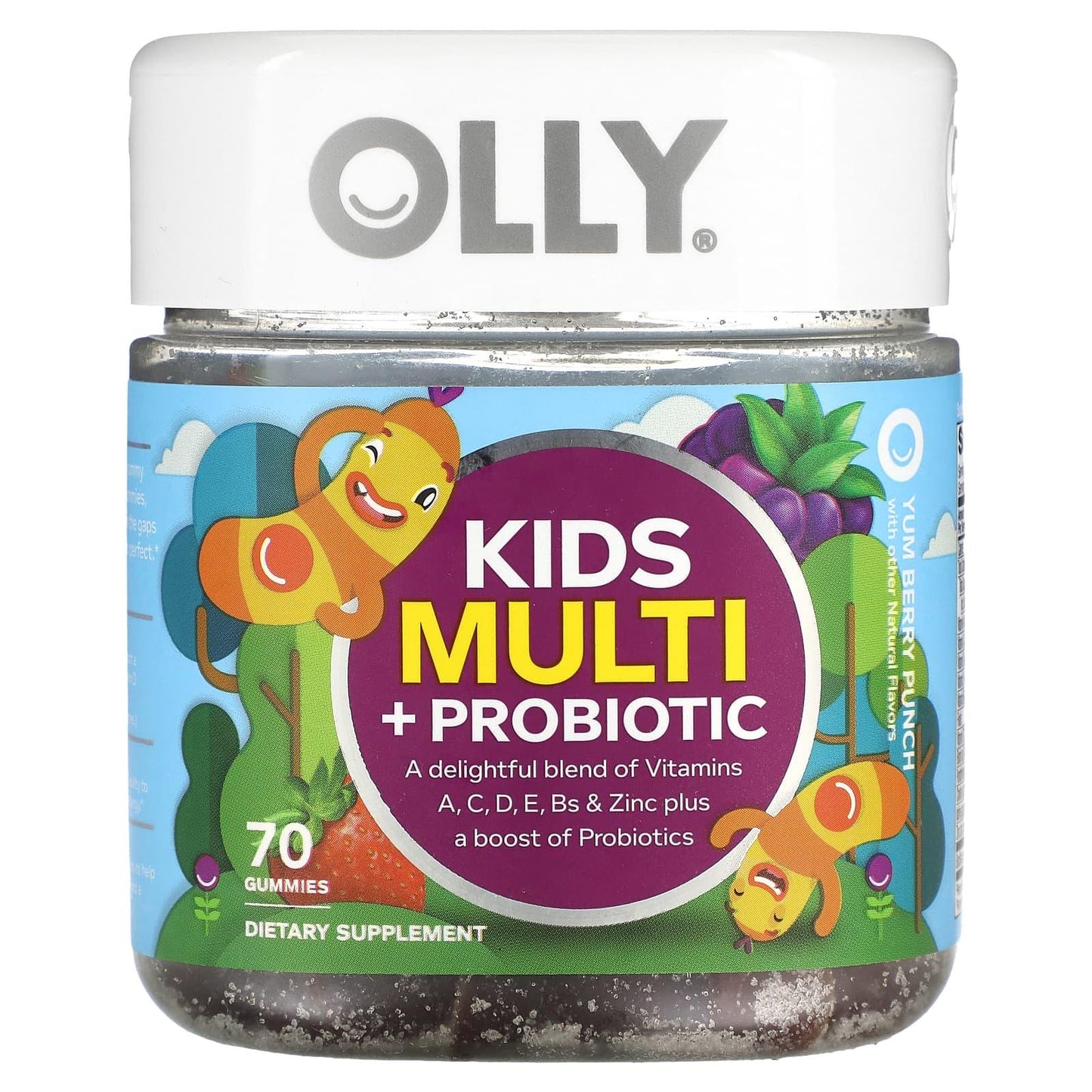Olly Kids Yum Berry Punch multivitamins and probiotic gummies for children, in a colorful bottle with 70 gummies.