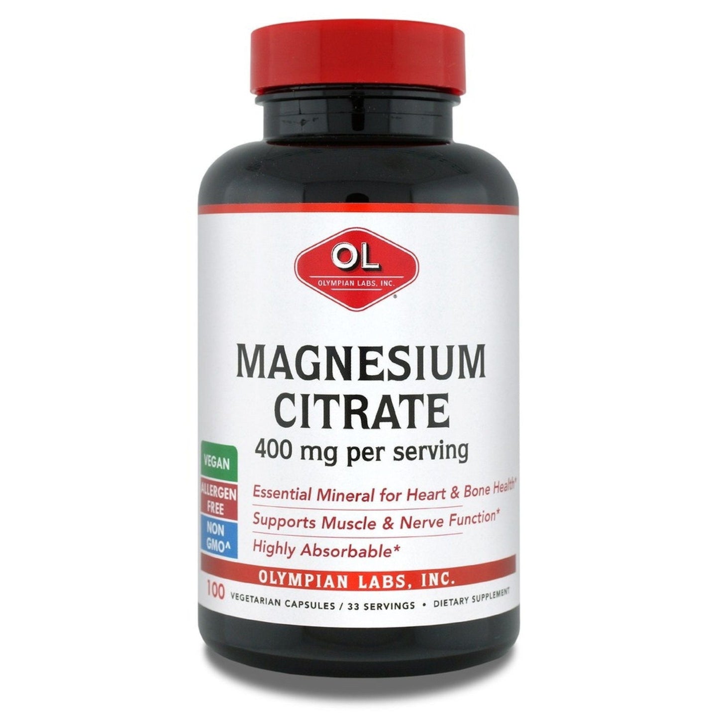 Olympian Labs Magnesium Citrate 400 mg supplement in 300 capsules, dietary vitamins and supplements for muscle and nerve health.