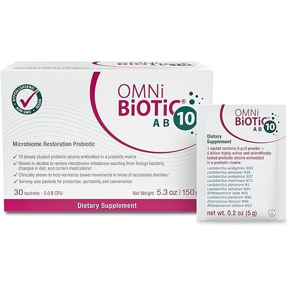 Pasteur Pharmacy OMNIBIOTIC AB 10 probiotic powder bottle, vitamins and supplements for digestive health.