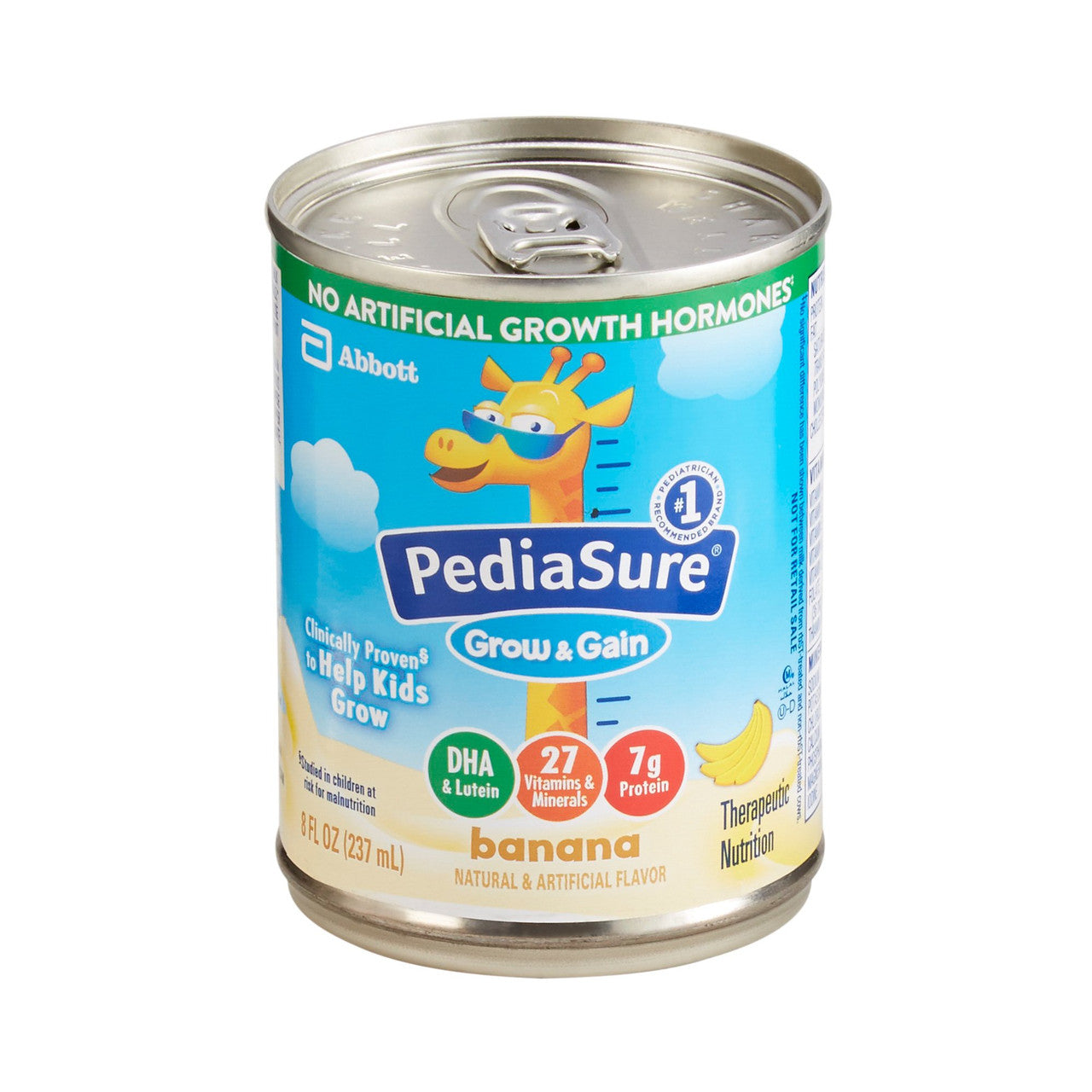 PediaSure Grow & Gain banana flavor supplement in an 8 fl oz bottle, vitamins and nutritional support for children.