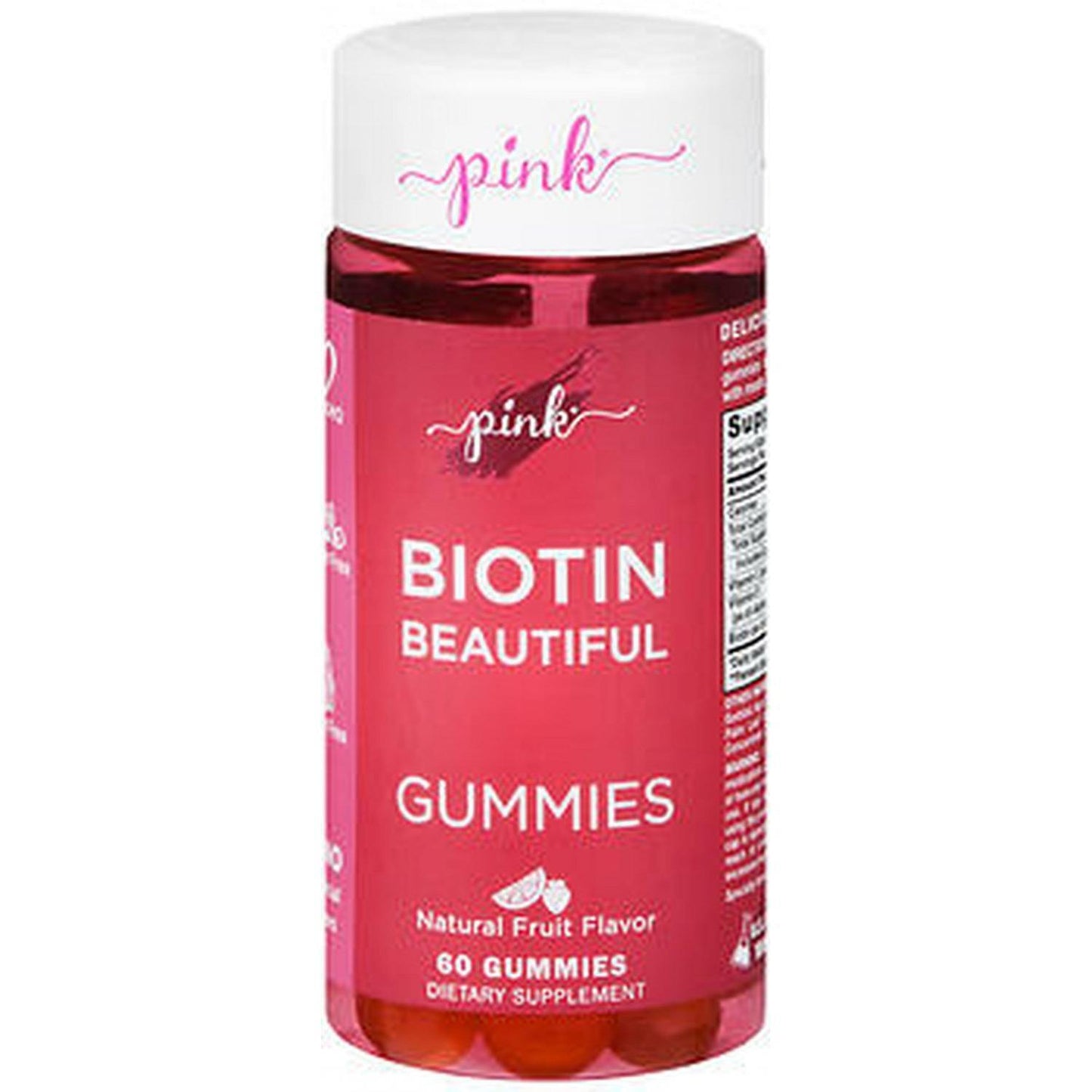 Pink Biotin Gummies from Pasteur Pharmacy, natural fruit-flavored vitamins and supplements, 60 count.