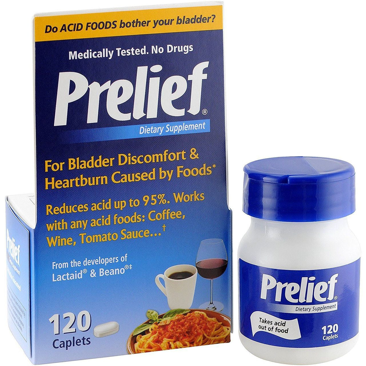 Prelief Calcium Glycerophosphate supplement bottle with 120 caplets, dietary vitamins and supplements for digestive comfort.