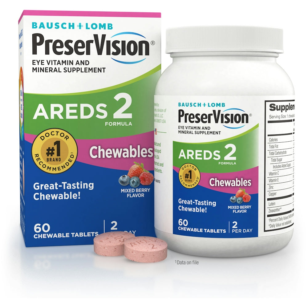 PreserVision Mixed Berry Areds 2 Formula chewable tablets, vitamin supplement in a blister pack, with colorful berry-flavored packaging