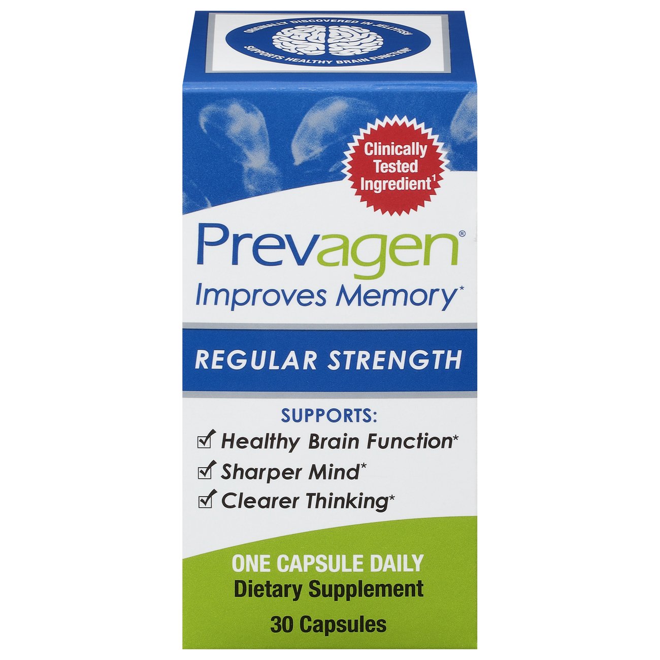 Prevagen Regular Strength memory support capsules by Pasteur Pharmacy, 30-count Apoaequorin supplement for cognitive health.