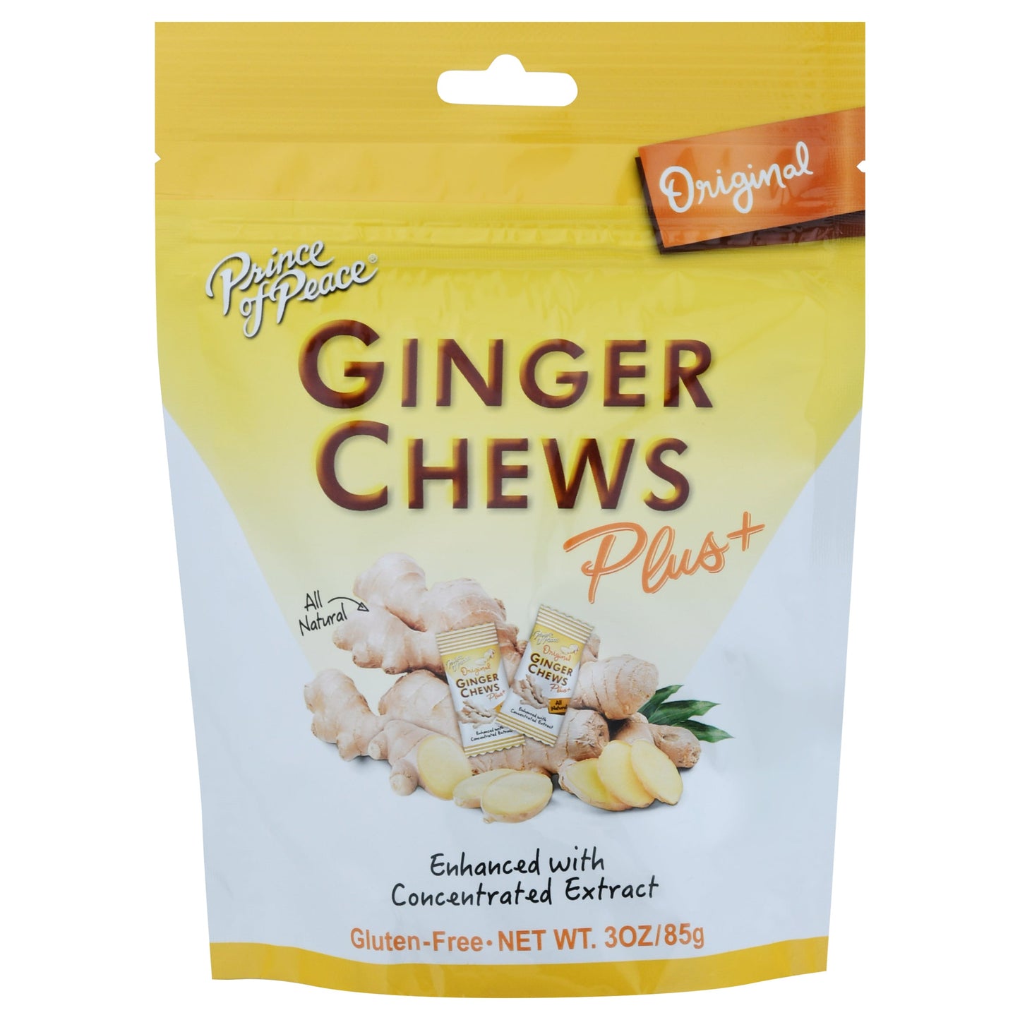 Prince of Peace Ginger Chews Plus Original in 3 oz package, natural ginger candies from Pasteur Pharmacy, vitamins and supplements.
