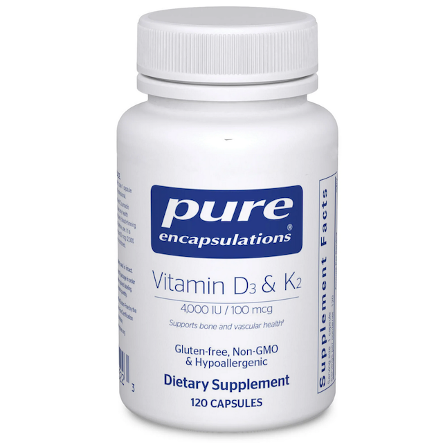 Bottle of Pure Encapsulations Vitamin D3 and K2 supplements in white container with label showing dosage and branding.