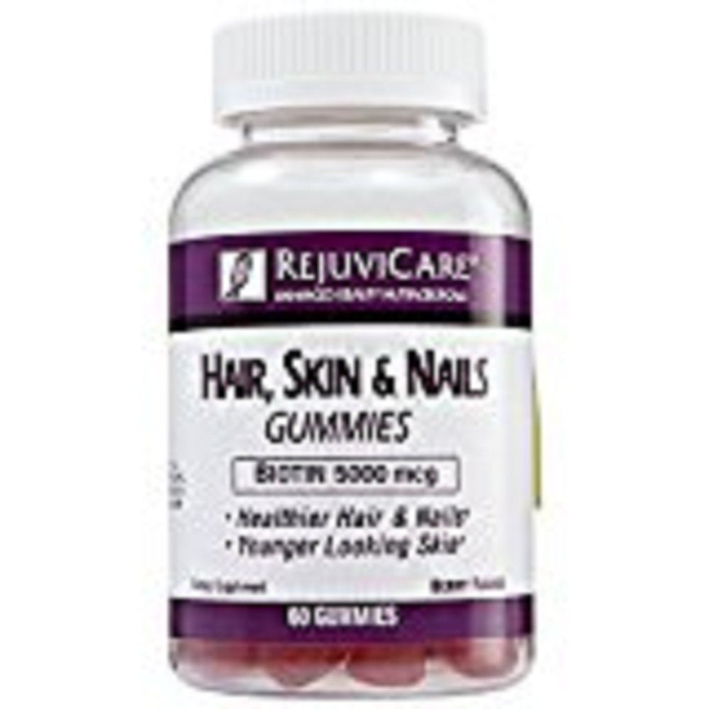 RejuviCare Biotin 2000 mcg Gummies in berry flavor, dietary vitamins and supplements with colorful gummy shapes.