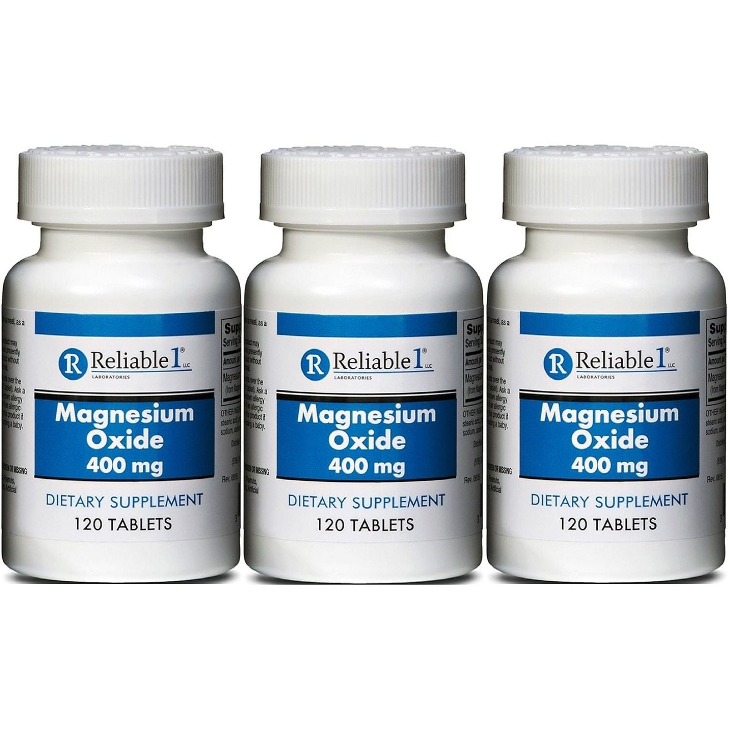 Reliable-1 Laboratories Magnesium Oxide 400 mg supplement in 120 tablets, dietary vitamins and minerals for daily health.