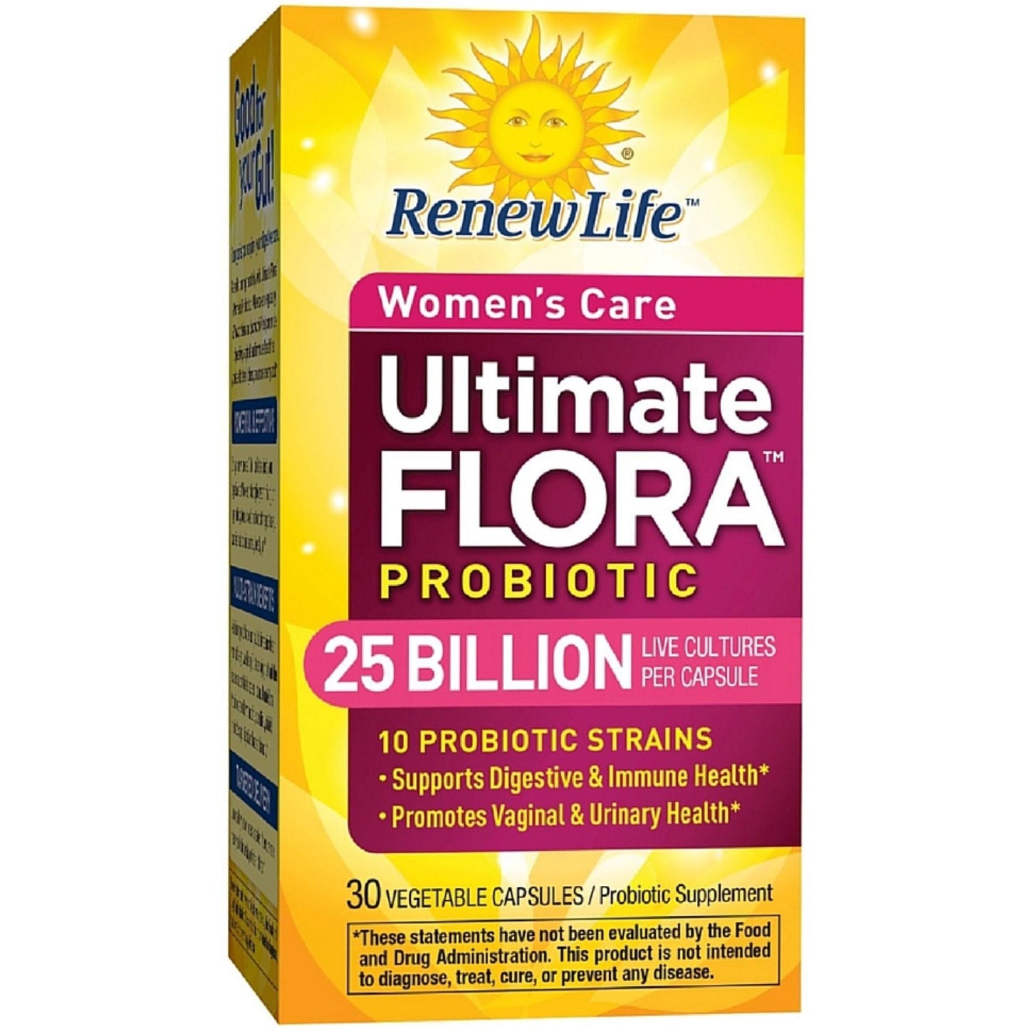 Renew Life Ultimate Flora Probiotic Women's Care vegetarian capsules, dietary supplement bottle with 30 capsules.