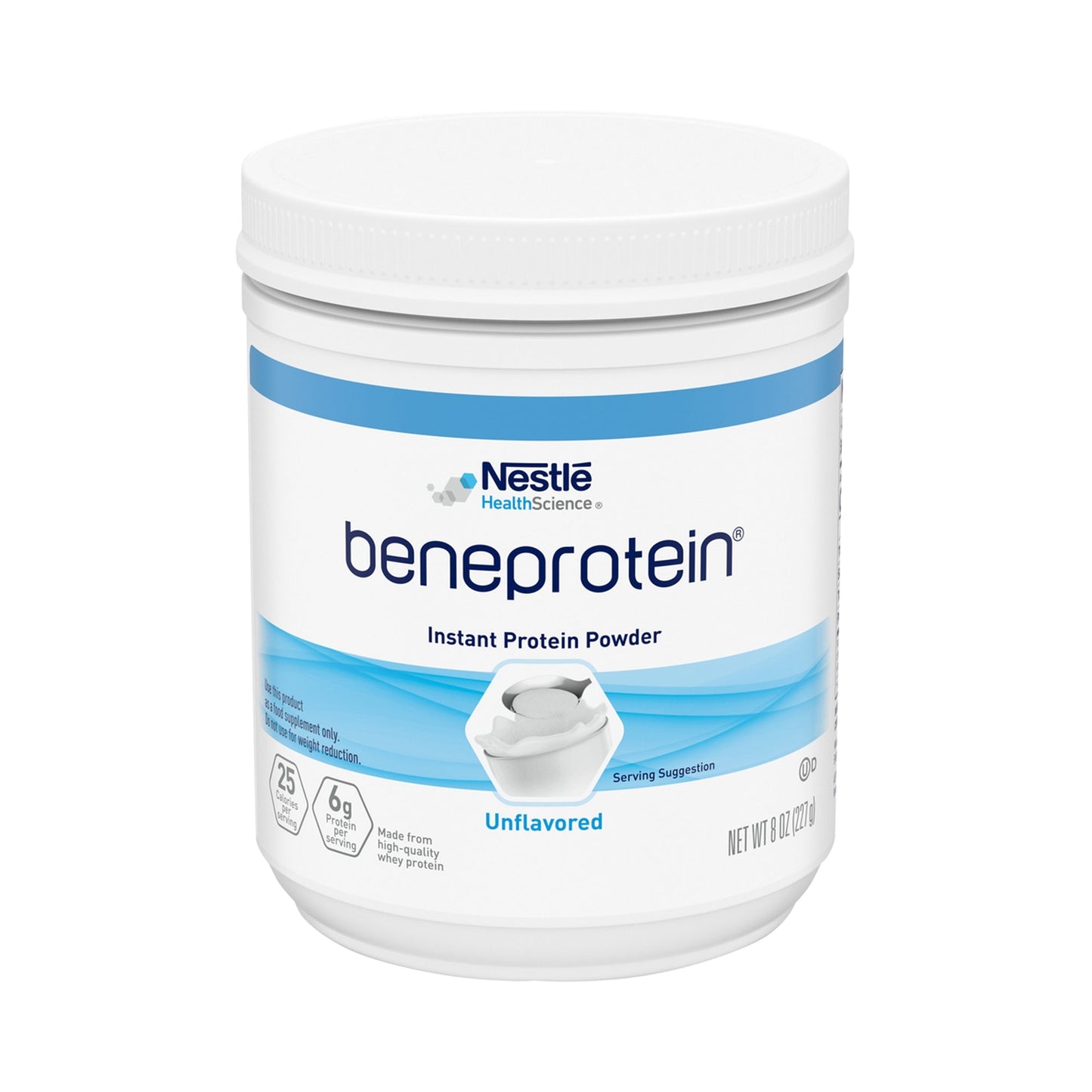 Unflavored Nestle Beneprotein instant protein powder in an 8 oz container, designed for nutritional supplements and dietary support.