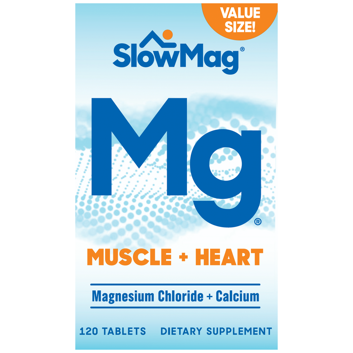 Slow-Mag Muscle & Heart Magnesium Chloride with Calcium supplement tablets, 120 count, in blister packs for muscle and heart health.