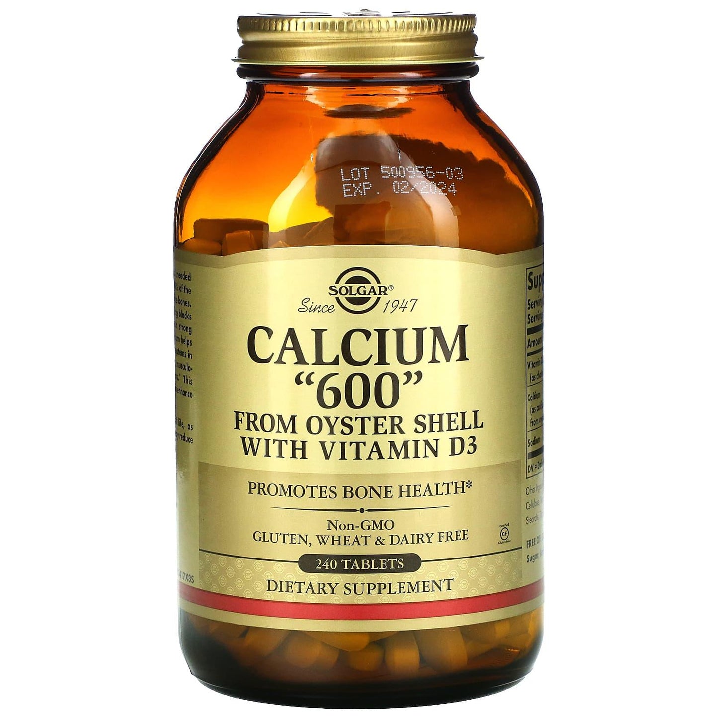 Solgar Calcium 600 from Oyster Shell with Vitamin D3 supplement bottles containing 240 tablets, displayed on a clean surface.