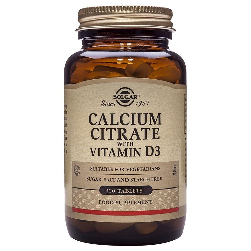 Solgar Calcium Citrate with Vitamin D3 supplement in 120 tablets, bottle of vitamins and supplements for bone health