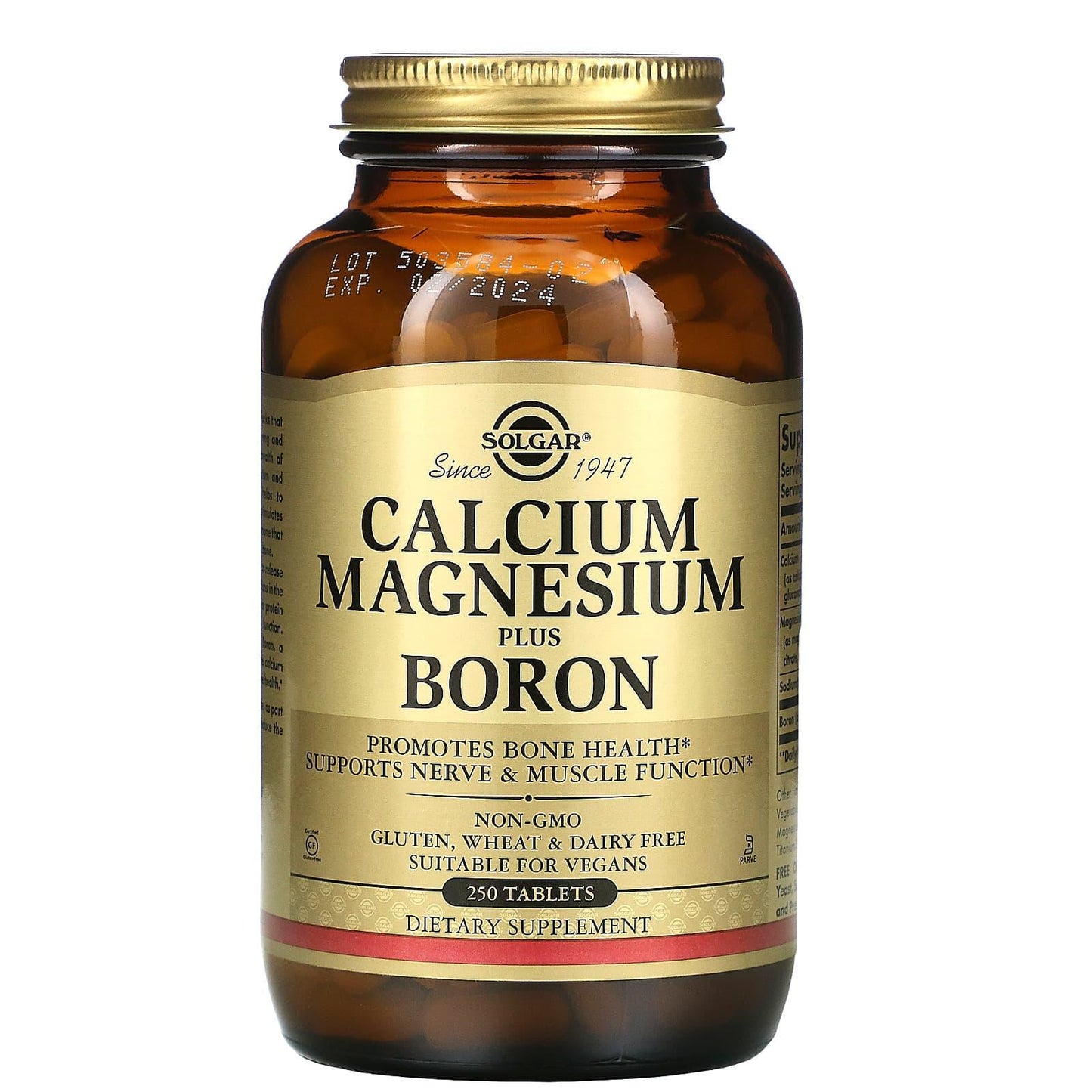 Solgar Calcium Magnesium Plus Boron supplement bottles with label showing 250 tablets, vitamins and mineral tablets for bone health.