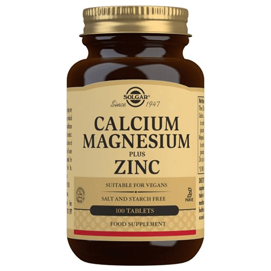 Solgar Calcium Magnesium plus Zinc supplement bottles with 100 tablets, dietary vitamins and minerals for bone health and immune support