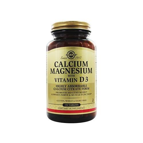 Bottle of Solgar Calcium Magnesium with Vitamin D3 supplement tablets from Pasteur Pharmacy, showing the label and 150 tablets.