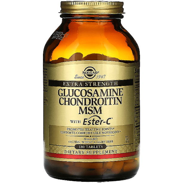 Solgar Extra Strength Glucosamine Chondroitin MSM with Ester-C supplement bottle containing 180 tablets for joint support.