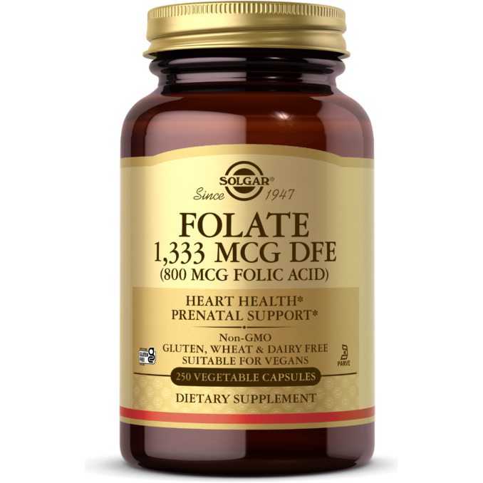 Solgar Folate 800 MCg folic acid supplement bottles, 250 tablets, for prenatal health and daily vitamin support.
