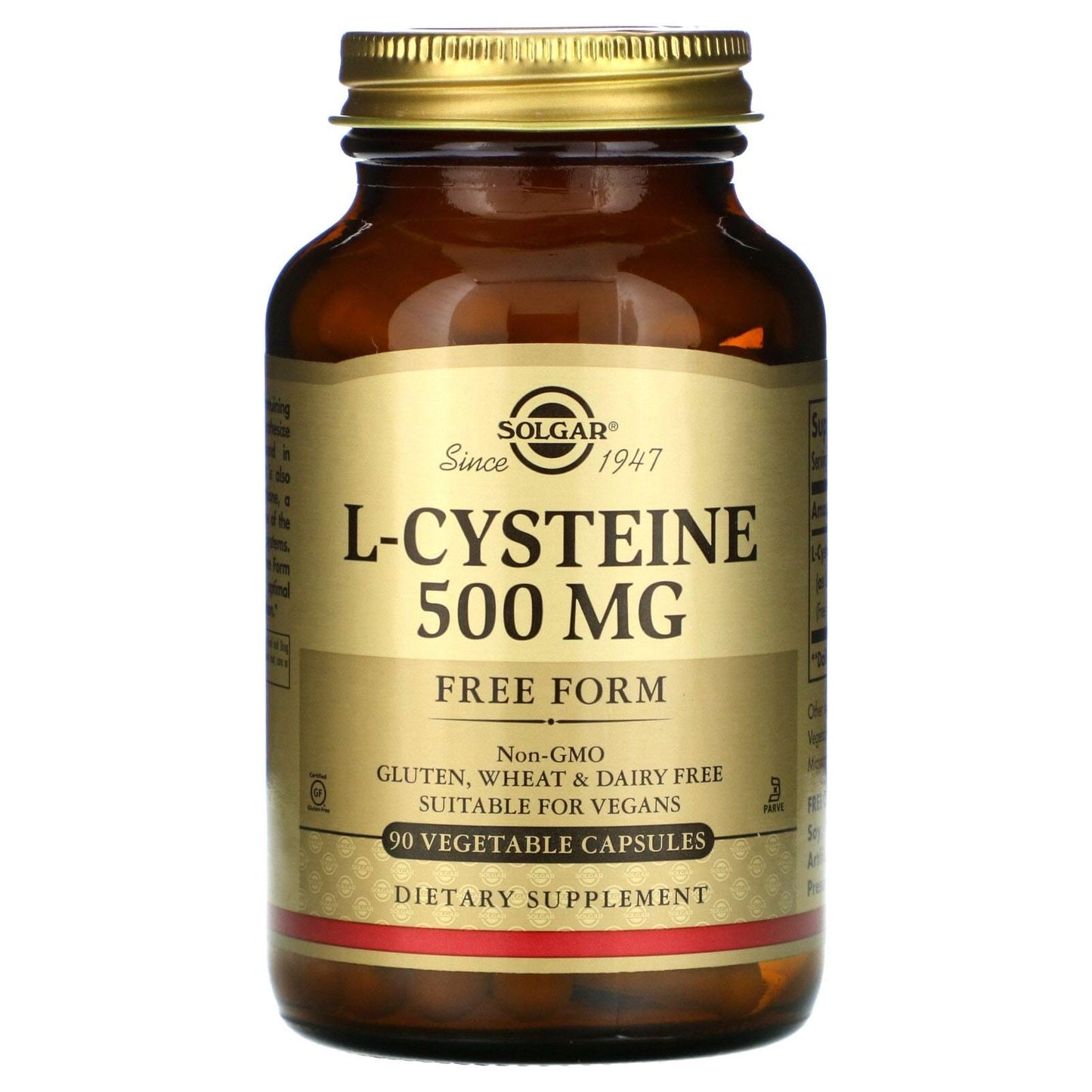 Solgar L-Cysteine 500mg vegetable capsules, dietary supplement in a bottle, designed for supporting overall health and wellness.