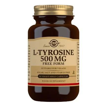 Solgar L-Tyrosine 500mg vegetarian capsules, dietary supplement for mental focus and energy, displayed in a bottle.