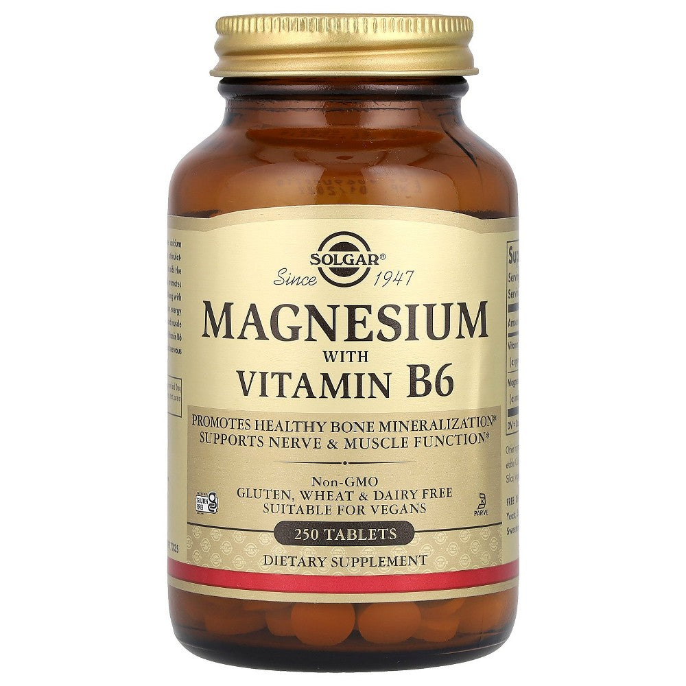 Solgar Magnesium with Vitamin B6 supplement bottle containing 250 tablets, featuring white label and blue cap.
