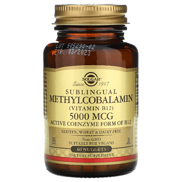 Solgar Methylcobalamin Vitamin B12 5000 mcg supplements in 60 nuggets, natural dietary supplement from Pasteur Pharmacy.