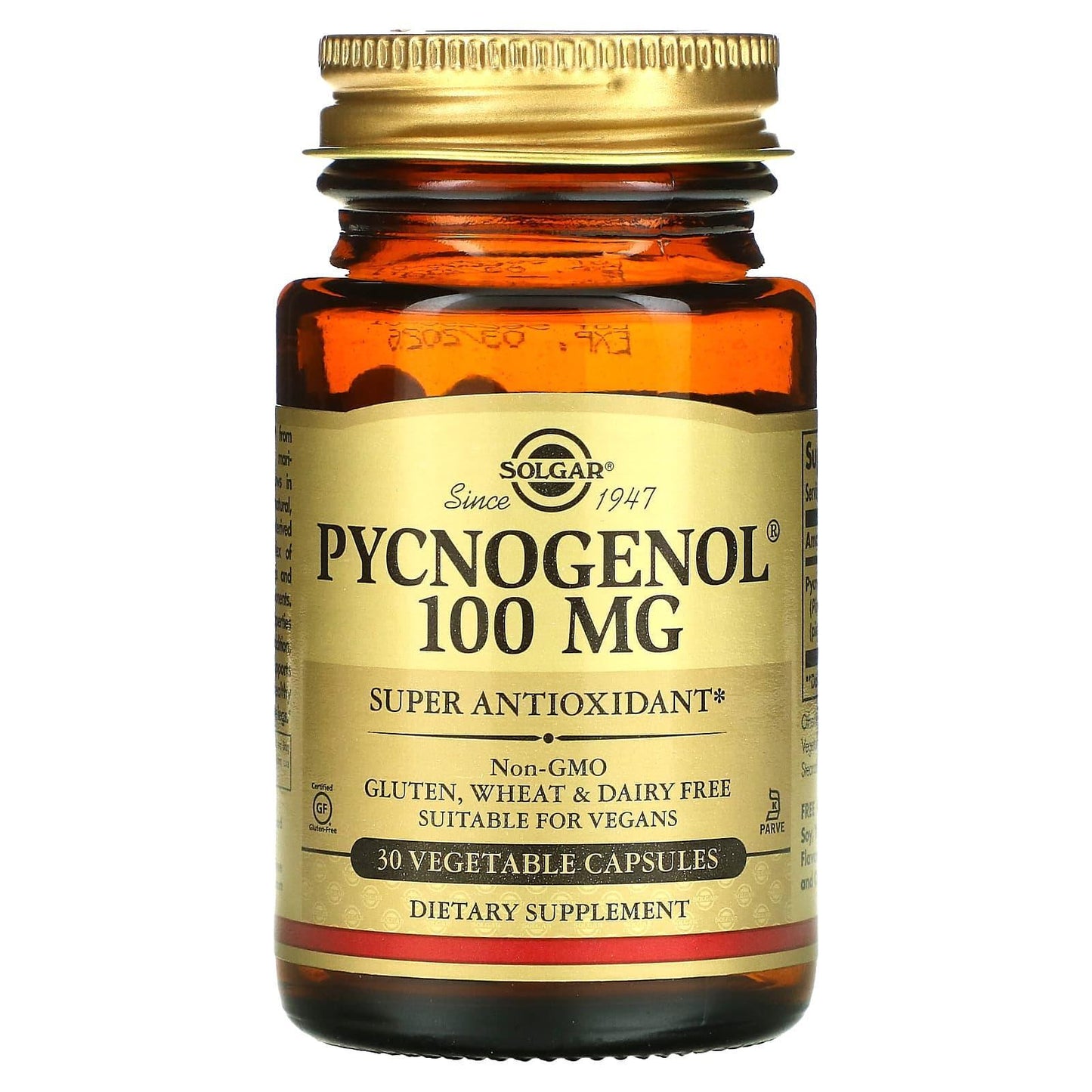 Solgar Pycnogenol 100 mg vegetable capsules, dietary supplement in a bottle showing the product label.