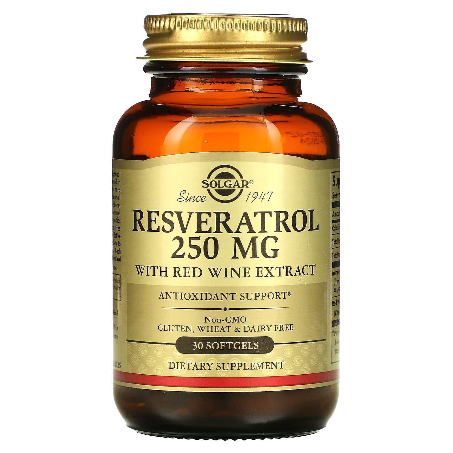 Solgar Resveratrol 250 mg with Red Wine Extract softgels, dietary vitamins and supplements for health support.
