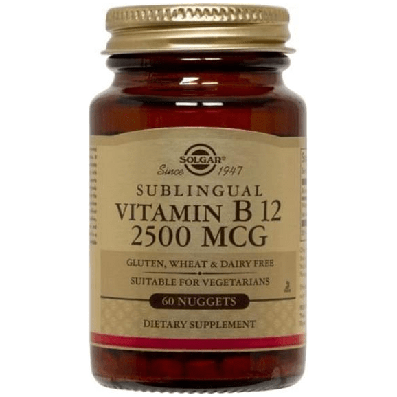 Solgar Vitamin B12 250mcg 60 Nuggets bottle, dietary supplement, vitamin B12 supplement, for energy and nerve health