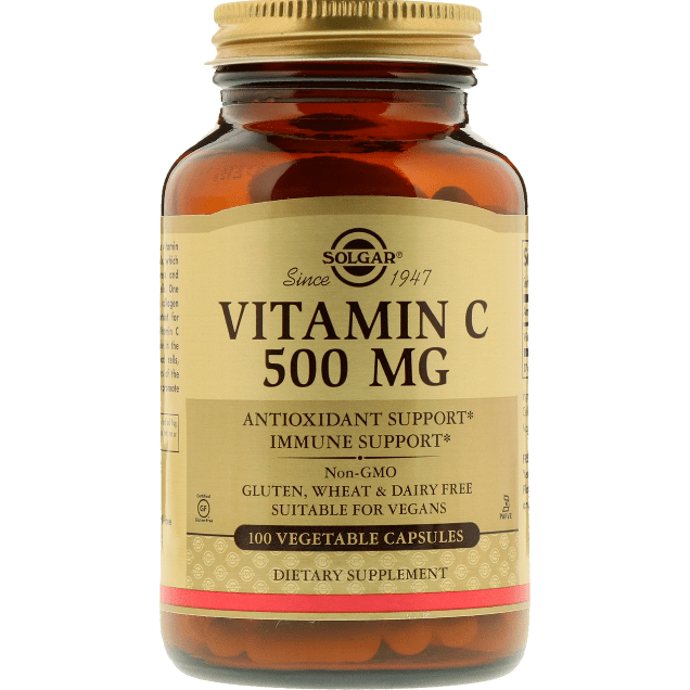Solgar Vitamin C 500mg vegetable capsules, dietary supplement for immune support, displayed in a clear bottle.