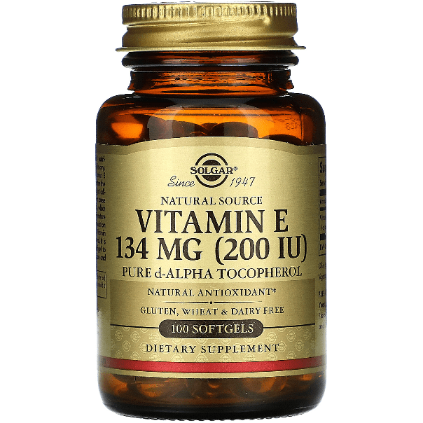 Solgar Vitamin E 200 IU softgels in a bottle, dietary supplement for antioxidant support, with 100 capsules.