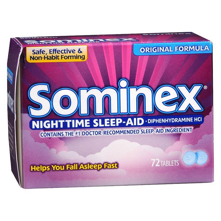 Sominex Nighttime Sleep-Aid Original Formula tablets in a bottle, herbal supplement for better sleep, from Pasteur Pharmacy.