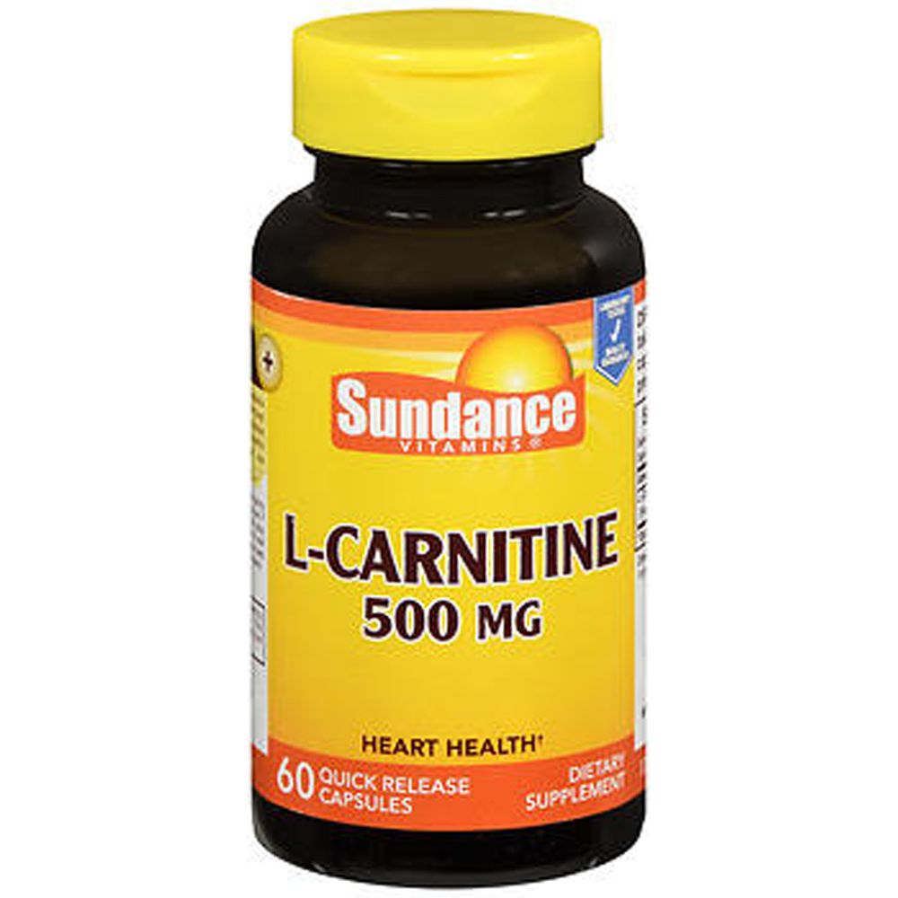 Bottle of Sundance L-Carnitine 500mg quick release capsules, dietary supplement for energy and metabolism support.