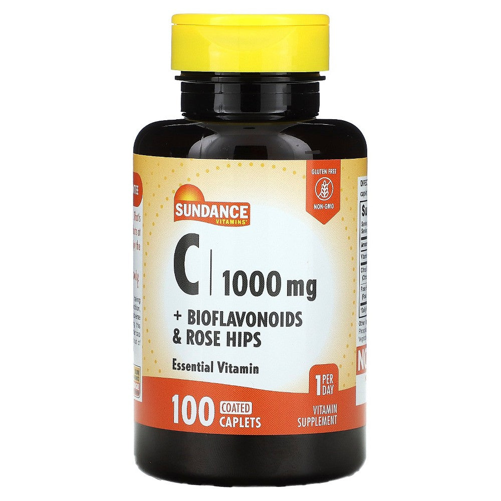 Sundance Vitamin C 1000 mg with bioflavonoids and rose hips in 100 coated caplets, dietary supplement by Pasteur Pharmacy.