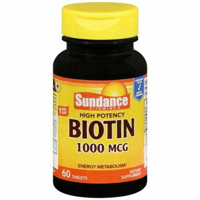 Sundance Vitamins 1000 mcg high potency biotin supplement in a bottle of 60 tablets, ideal for hair and skin health.