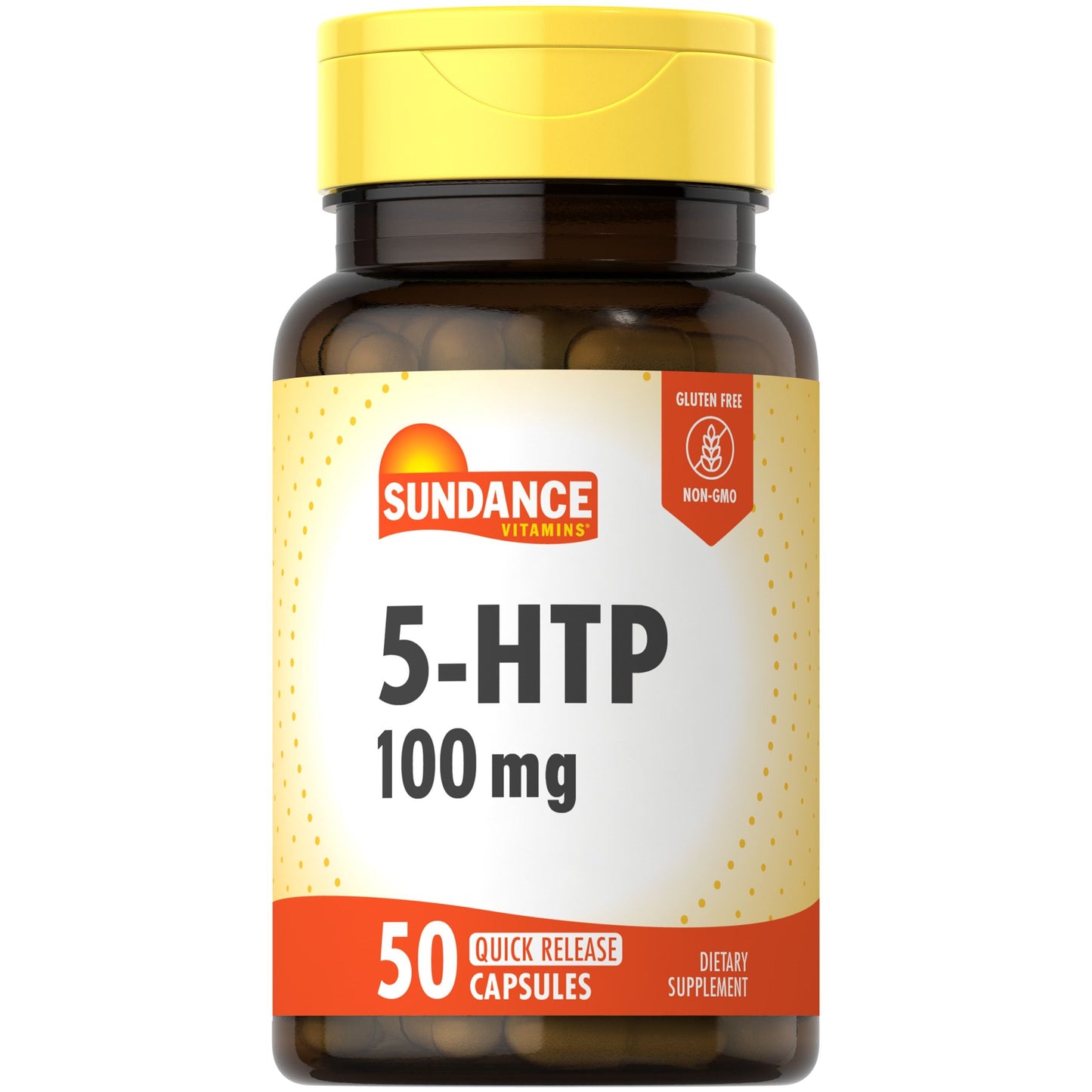 Sundance Vitamins 5-HTP 100 mg supplement capsules in a bottle, natural health product for mood and sleep support.