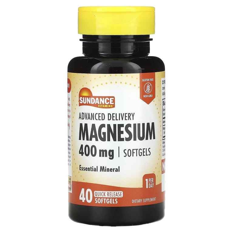 Sundance Vitamins Advanced Delivery Magnesium 400mg softgels in a bottle, dietary supplement for muscle and nerve support.