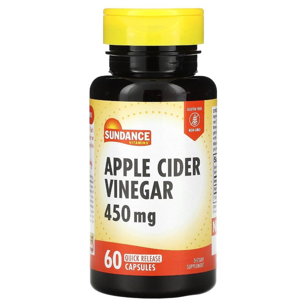 Sundance Vitamins Apple Cider Vinegar 450 mg quick release capsules in a bottle, dietary supplement for health support.