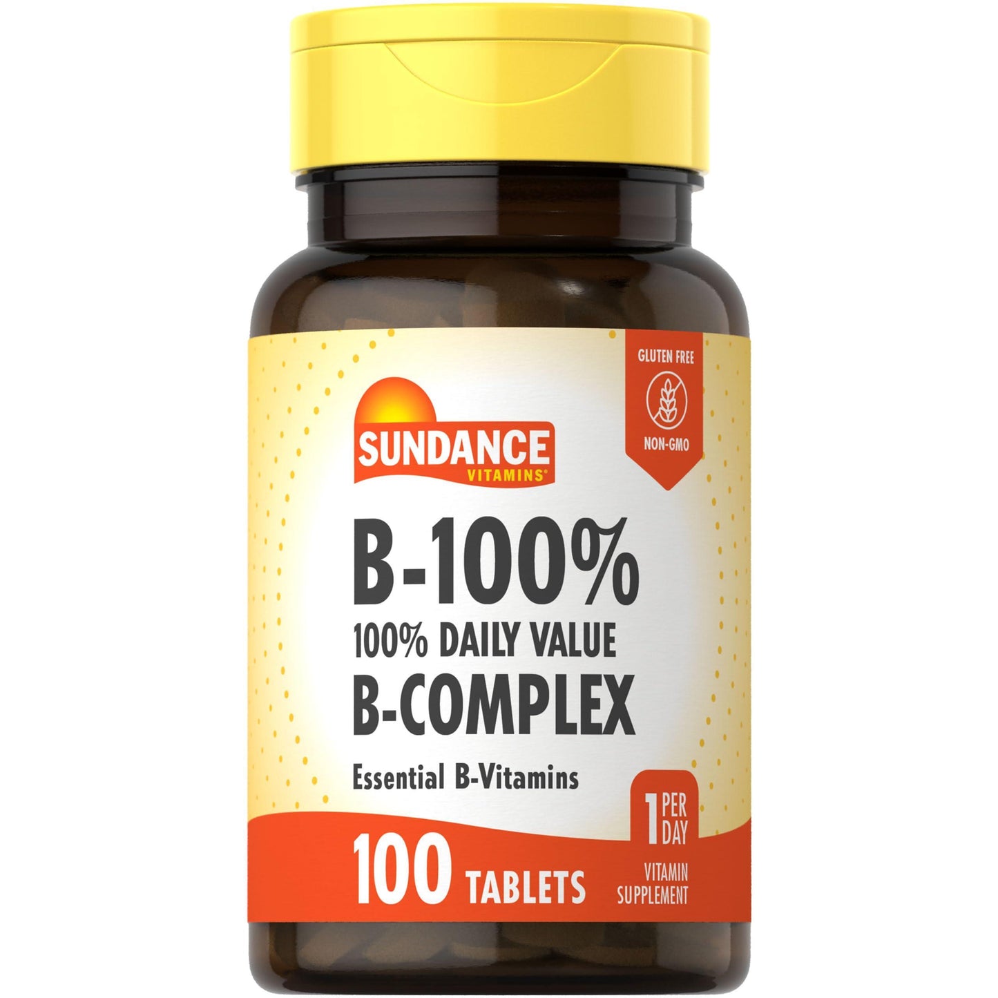 Bottle of Sundance Vitamins B-Complex supplements by Pasteur Pharmacy, featuring the label with daily value information.