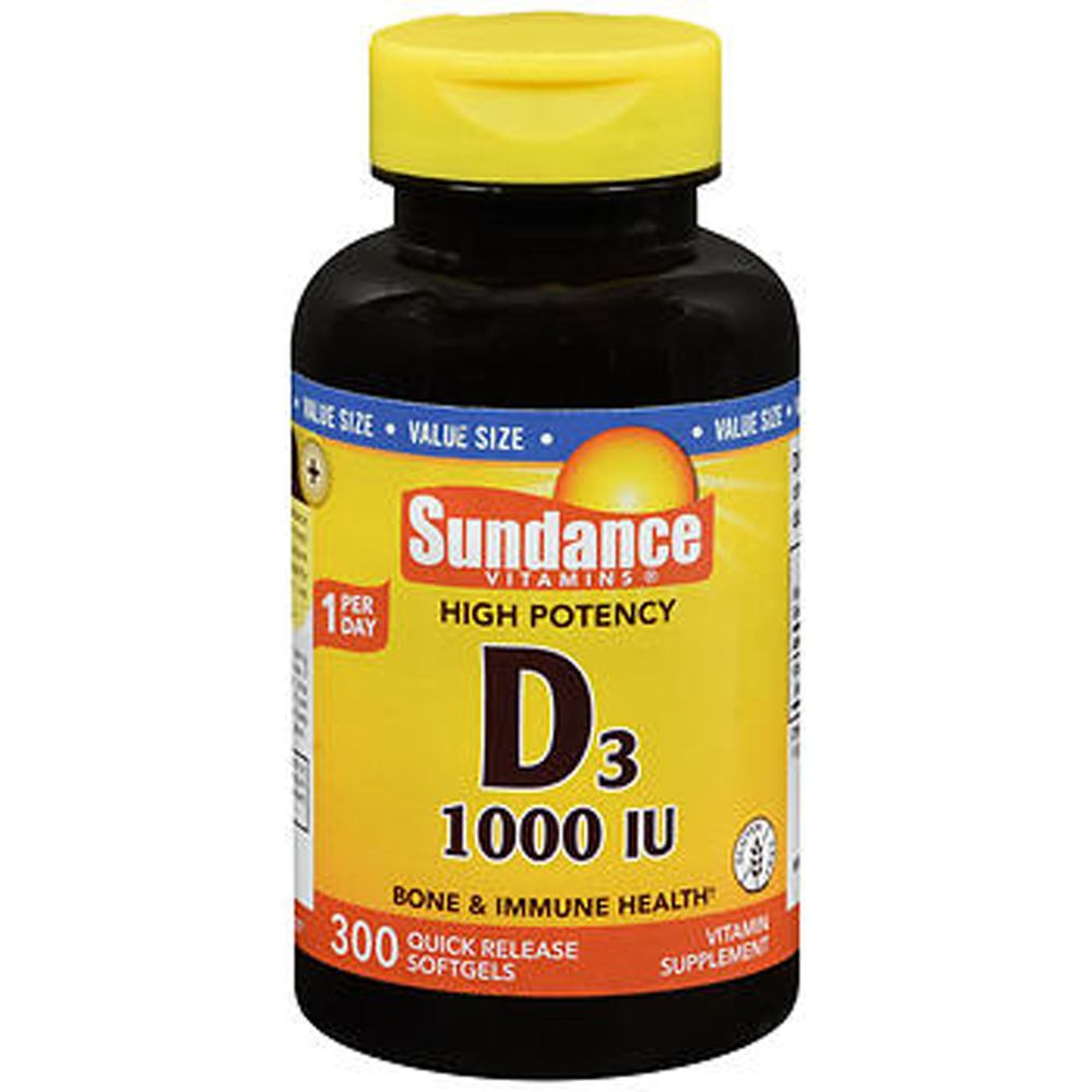 Sundance Vitamins D3 1000 IU supplement in a bottle of 300 tablets, natural vitamin D support by Pasteur Pharmacy