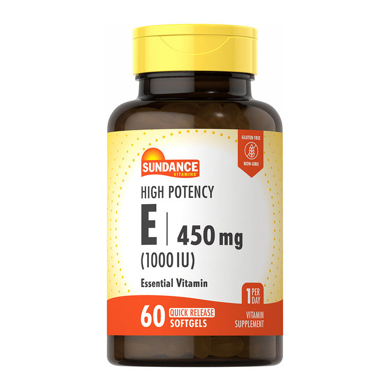 Sundance Vitamins E Vitamin 1000 IU supplement in a bottle, natural supplement for skin and antioxidant health.
