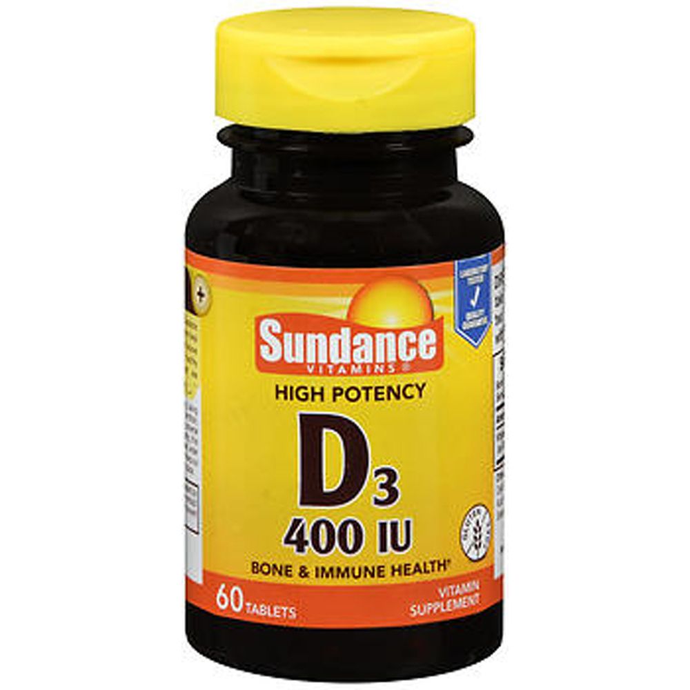 Sundance Vitamins High Potency D3 400 IU tablets in bottle, dietary supplement for bone health and immune support.