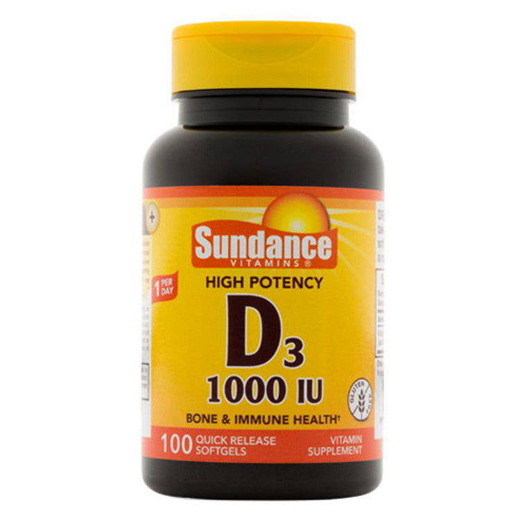 Sundance Vitamins High Potency Vitamin D3 1000 IU softgels, supplement by Pasteur Pharmacy, in a white bottle with 100 softgel capsules.